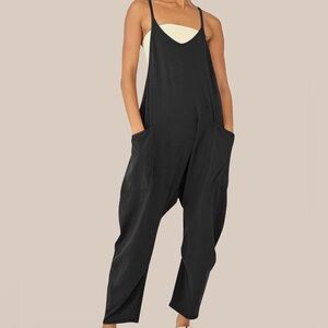 Women's Black Pocket V Neck Overall Jumpsuit With Adjustable Spaghetti Straps